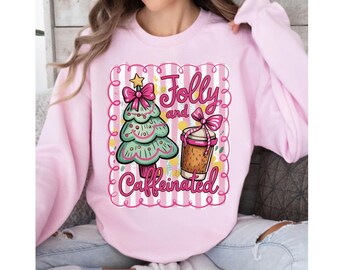 Jolly and Caffeinated Christmas PNG: Funny Pink Coquette Clipart (Digital Download)