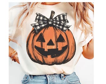 Retro Pumpkin PNG: Checkered Bow Halloween Jack O' Lantern (Instant Download)