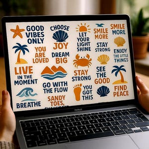 Peut inclure: Écran d'ordinateur portable affichant des autocollants sur le thème de la plage avec des phrases comme "Good Vibes Only" et "Find Peace". Les autocollants présentent des illustrations d'étoiles de mer, de palmiers et de coquillages.