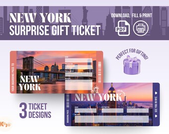 May include: Digital New York Surprise Gift Ticket design with three ticket options. The tickets feature iconic cityscapes, including the Brooklyn Bridge and the Empire State Building, with space for personalization. The design includes the text "New York Surprise Gift Ticket".