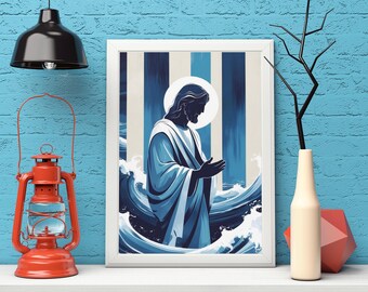Impresión de Jesús calma la tormenta: Arte mural cristiano abstracto (descarga digital)
