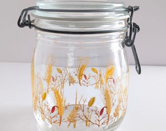 Vintage Arc France Glass Canister Jar Wheat Motif Wire Bail Lid