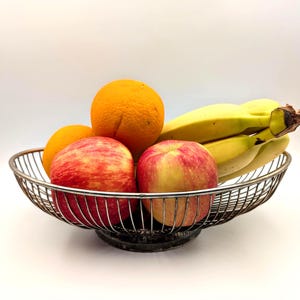Mid Century Modern Wire Fruit Basket: Silver Metal Bowl, Minimalist Kitchen Decor