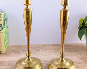 Vintage Brass Candlestick Holders Pair, 9 Inch Taper Holders