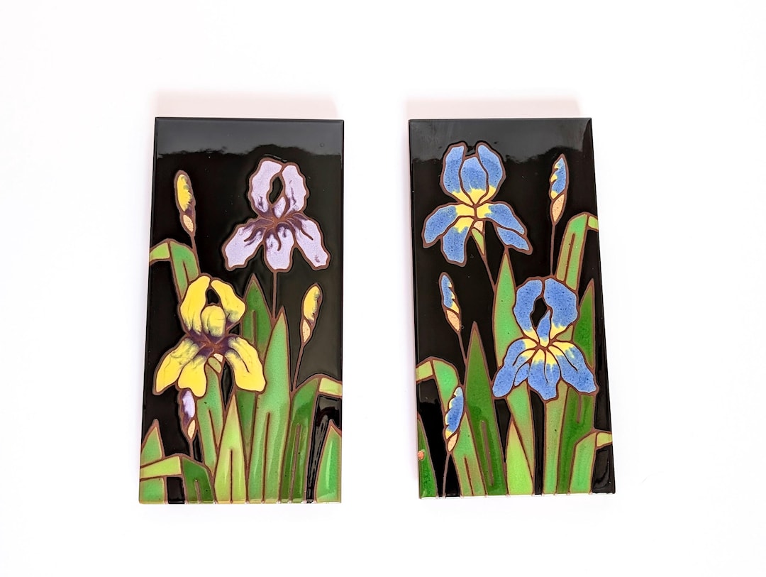 Vintage Besheer Iris Art Tile Pair, Hand Painted Floral Ceramic, 1970s ...
