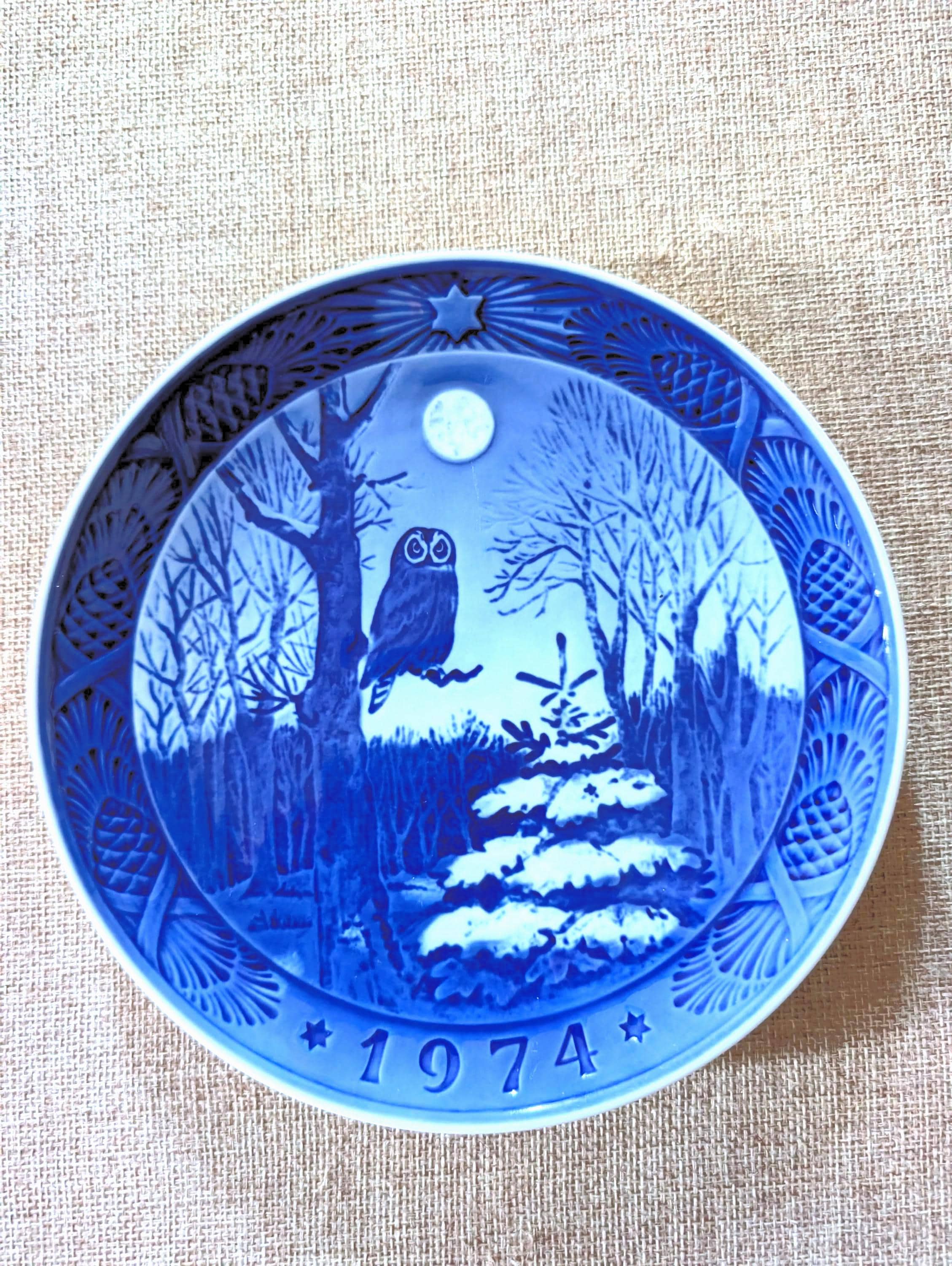 Vintage 1974 Winter Owl Plate: Blue & White Moonlit Forest Porcelain