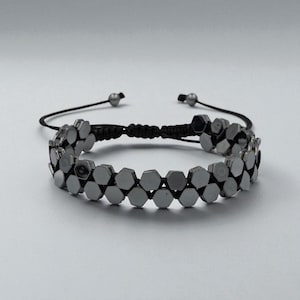 Hematite Macrame Bracelet for Men – Handmade Natural Stone Bracelet – Adjustable Masculine Jewelry Gift