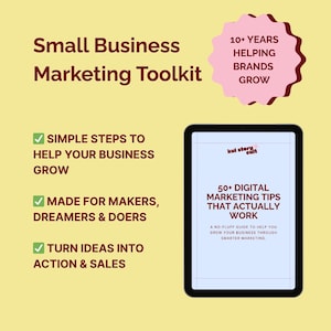 K&ouml;nnte beinhalten: Grafik eines digitalen Marketing-Toolkits mit dem Text "Small Business Marketing Toolkit". Das Bild enth&auml;lt ein Tablet mit der Aufschrift "50+ Digital Marketing Tips That Actually Work". Zus&auml;tzlicher Text hebt einfache Schritte hervor, um das Gesch&auml;ftswachstum zu unterst&uuml;tzen.