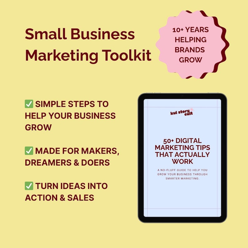 K&ouml;nnte beinhalten: Grafik eines digitalen Marketing-Toolkits mit dem Text "Small Business Marketing Toolkit". Das Bild enth&auml;lt ein Tablet mit der Aufschrift "50+ Digital Marketing Tips That Actually Work". Zus&auml;tzlicher Text hebt einfache Schritte hervor, um das Gesch&auml;ftswachstum zu unterst&uuml;tzen.