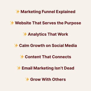 K&ouml;nnte beinhalten: Eine cremefarbene Grafik mit sieben Textzeilen in dunkler roter Schrift. Der Text enth&auml;lt "Marketing Funnel Explained", "Website That Serves the Purpose" und "Analytics That Work".