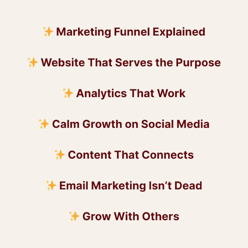 K&ouml;nnte beinhalten: Eine cremefarbene Grafik mit sieben Textzeilen in dunkler roter Schrift. Der Text enth&auml;lt "Marketing Funnel Explained", "Website That Serves the Purpose" und "Analytics That Work".