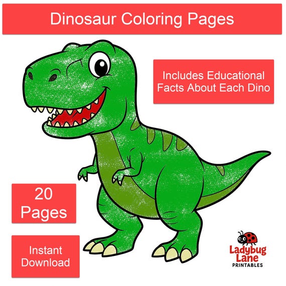 Educational Dinosaur Coloring Pages for Kids – 20 Fun Dino Sheets with Facts – Instant Printable PDF by Ladybug Lane Printables by LadyBugLanePrintable