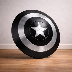 May include: A black and silver shield with a white star in the center. The shield has a circular design with a silver ring around the edge. The shield is leaning against a wall on a wooden floor.
