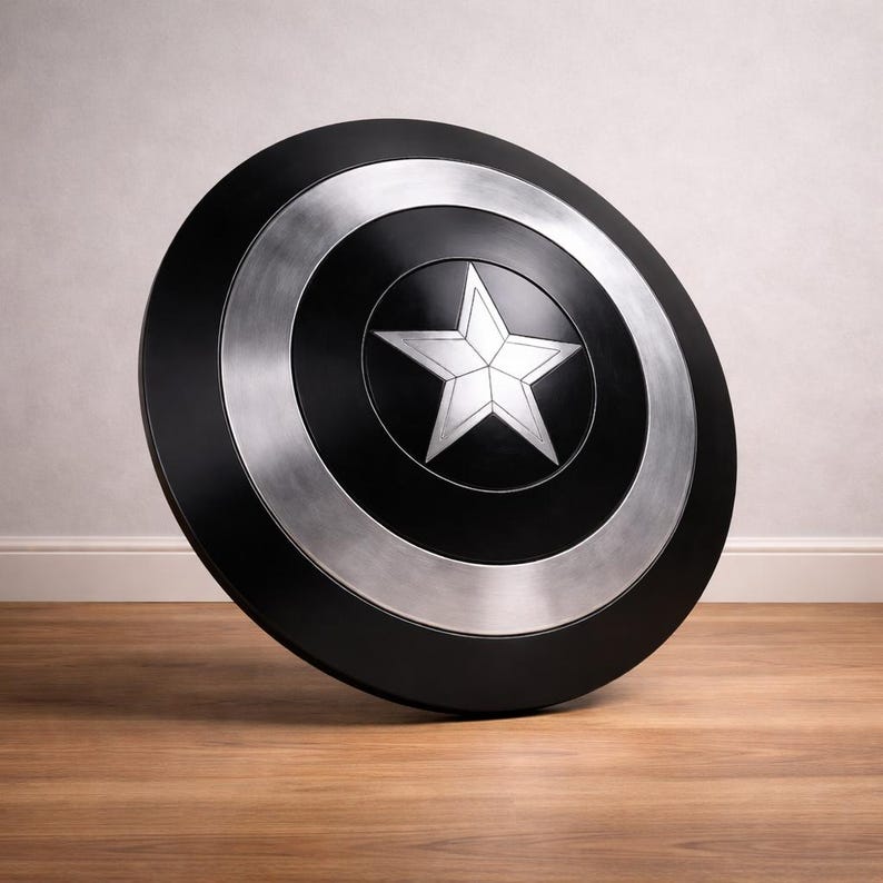 May include: A black and silver shield with a white star in the center. The shield has a circular design with a silver ring around the edge. The shield is leaning against a wall on a wooden floor.