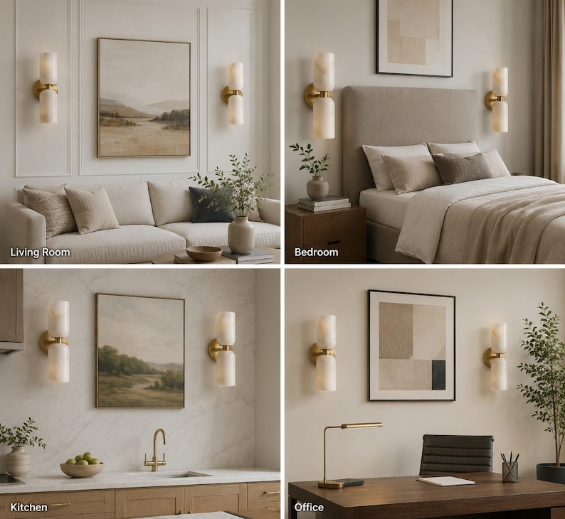 May include: A wall-mounted light fixture featuring two cylindrical, translucent white stone shades stacked vertically on a circular brass base. The design includes a central brass connector between the shades, providing a warm, diffused glow.