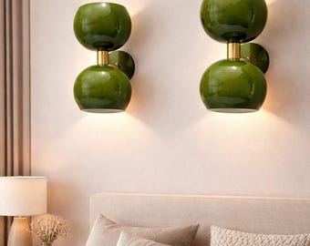 Set of 2 Mid Century Modern Brass Wall Sconces, Green Glass Fixture