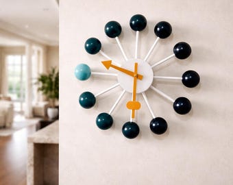 Teal & Black Ball Wall Clock: Mid Century Modern Starburst Decor
