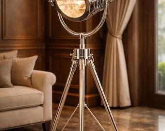 Nautical Searchlight Tripod Floor Lamp, Polished Metal Spotlight, Industrial Hollywood Style