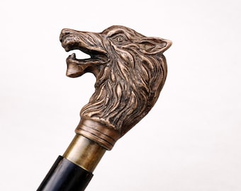 Handmade Wolf Head Walking Stick | Detailed Wooden Cane, Brass Accents