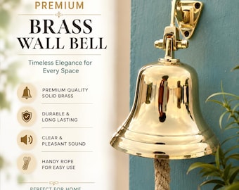 Polished Brass Wall-Mounted Bell with Rope Pull - Nautical Decor