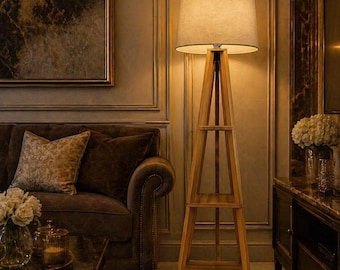 Lámpara de pie trípode de madera moderna para sala de estar / Lámpara de pie de ambiente cálido / Luminaria decorativa para el hogar (sin pantalla)