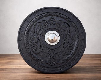 Handcrafted Viking Raven Thor Hammer Shield | Nordic Wood Wall Decor