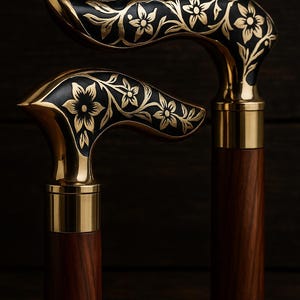 May include: Two ornate walking canes. The handles are black with gold floral designs and brass accents. The shafts are made of dark wood. The canes are displayed against a dark background, highlighting their elegant details.