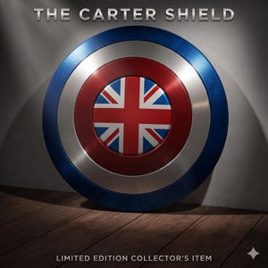May include: A circular shield with a blue border, a silver mid-section, and a red central disc displaying the Union Jack. The text "THE CARTER SHIELD" is above, and "LIMITED EDITION COLLECTOR'S ITEM" is below.