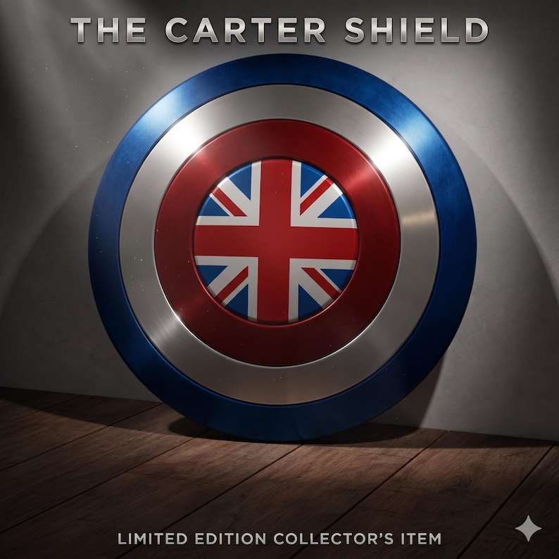 May include: A circular shield with a blue border, a silver mid-section, and a red central disc displaying the Union Jack. The text "THE CARTER SHIELD" is above, and "LIMITED EDITION COLLECTOR'S ITEM" is below.