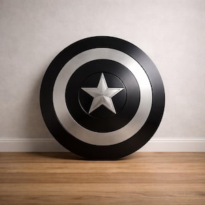 May include: A black and silver shield with a central silver star design. The shield is round, with a black center and a silver ring around it. The shield is approximately 24 inches in diameter.