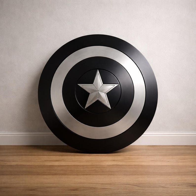 May include: A black and silver shield with a central silver star design. The shield is round, with a black center and a silver ring around it. The shield is approximately 24 inches in diameter.