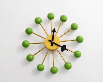 Mid Century Modern Atomic Starburst Clock, Green Gold Wall Decor, Silent Living Room Accent