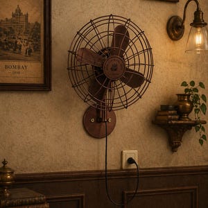 May include: A vintage-style wall-mounted fan with a copper finish, featuring a circular cage and three blades. The fan is mounted on a textured wall, alongside framed artwork, a sconce, and a small shelf with books and a plant. The fan's power cord is plugged into an outlet.