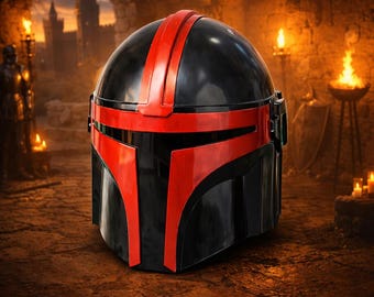 Medieval Warrior Helmet Decor – Red & Black Mandalorian Style Helmet – Fantasy Armor Cosplay Display