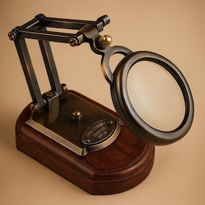 May include: A classic magnifying glass with a dark bronze frame and a wooden base. The magnifying lens is held by an adjustable arm. The base features a brass plate with engraved text. The design evokes antique scientific instruments, with a rich, warm aesthetic.