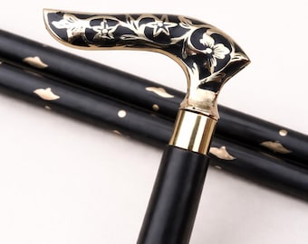 Brass Floral Handle Walking Cane – Black Wooden Shaft, Gold Inlay, Victorian Style Folding Cane