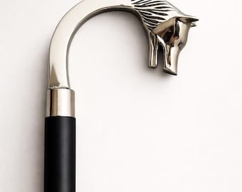 Derby-style Brass Horse Head Walking Stick with Black Wooden Cane