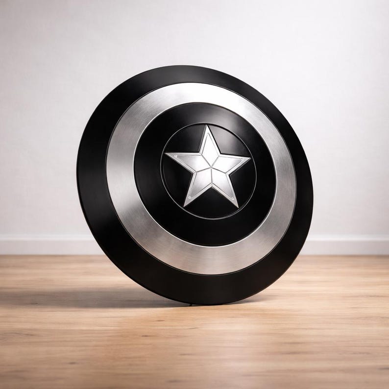 May include: A black and silver shield with a white star in the center. The shield has a circular design with a silver ring around the black center. The shield is leaning against a white wall on a wooden floor.