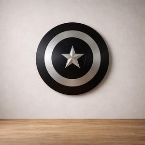 May include: A black and silver shield with a central silver star. The shield has a circular design with a black outer ring, a silver inner ring, and a silver star in the center. The shield is hanging on a light-colored wall.
