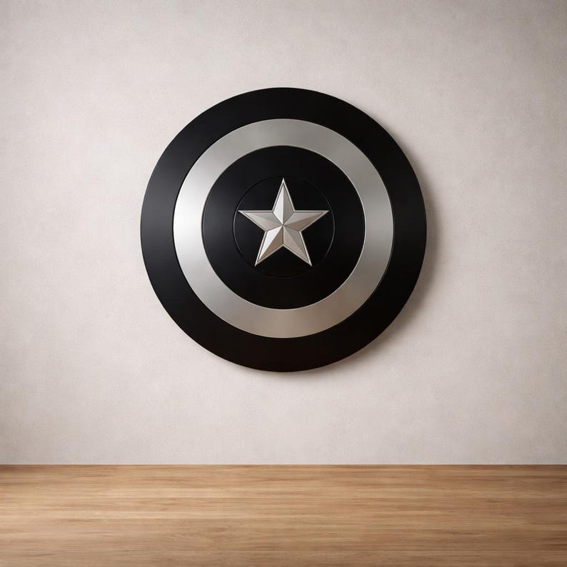 May include: A black and silver shield with a central silver star. The shield has a circular design with a black outer ring, a silver inner ring, and a silver star in the center. The shield is hanging on a light-colored wall.