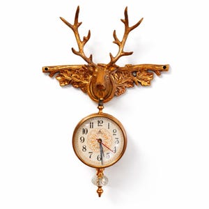 Gold Deer Head Double-Sided Clock, Victorian Stag Wall Decor, Crystal Accent, Lodge Style