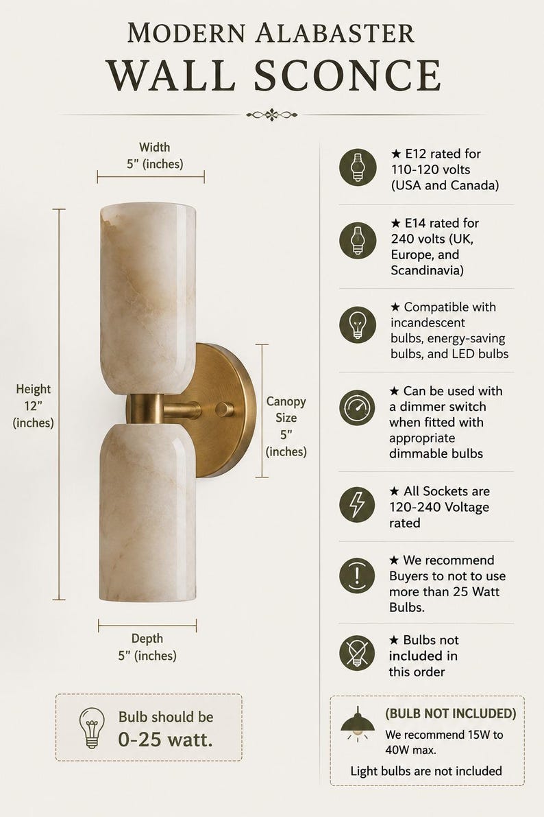 May include: Modern alabaster wall sconce with two cylindrical stone shades and a brass finish mount. Dimensions are 12 inches high, 5 inches wide, and 5 inches deep. Features E12 and E14 socket compatibility, dimmer switch support, and 25-watt bulb limit.