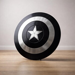 May include: A black and silver shield with a white star in the center. The shield has a circular design with a silver ring around the center star. The shield is approximately 24 inches in diameter.
