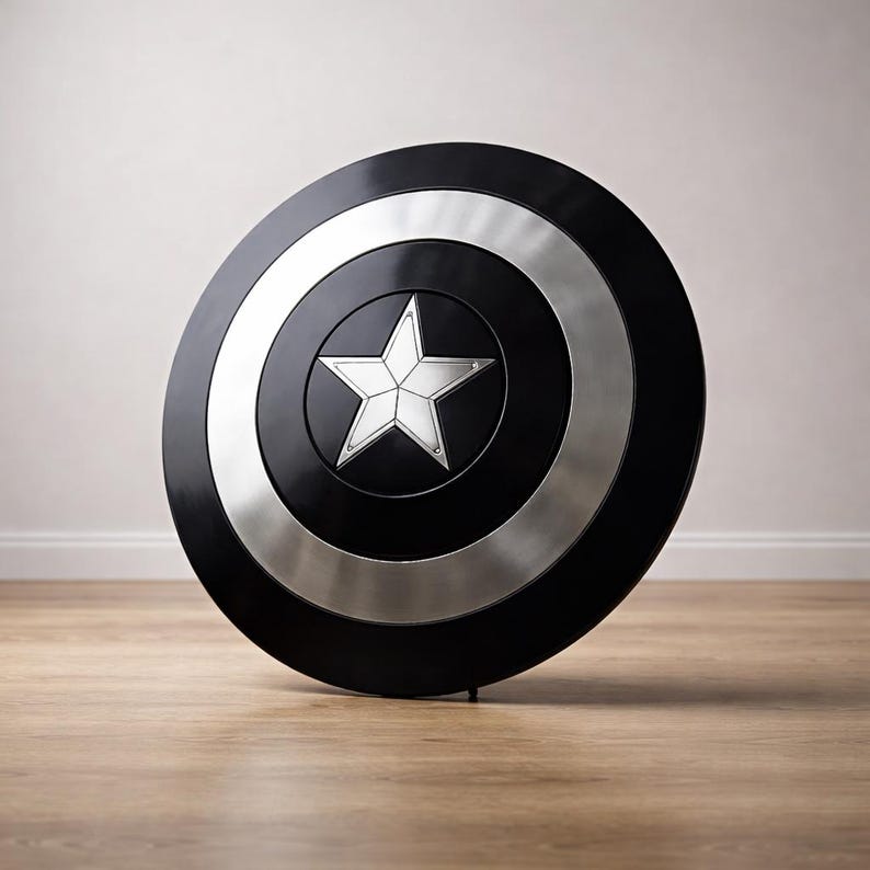 May include: A black and silver shield with a white star in the center. The shield has a circular design with a silver ring around the center star. The shield is approximately 24 inches in diameter.
