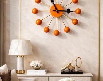 Orange Ball Clock: Mid Century Modern Atomic Starburst Wall Decor