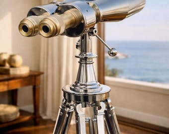 Naval Brass Binoculars on Folding Tripod, 15x80 Replica Telescope, Maritime Decor