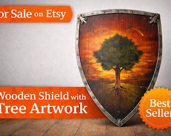 Tree of Life Wooden Shield Wall Art, Medieval Decor, Rustic Armor Display (28 Inch)