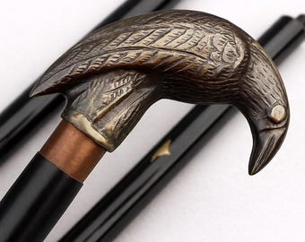 Vintage-Style Walking Stick with Rosewood Wooden Cane and Raven Bird Brass Handle