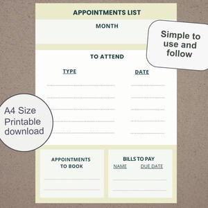 Può includere: Un elenco appuntamenti stampabile in formato A4 con sezioni per il mese, gli appuntamenti a cui partecipare e le bollette da pagare. Il design include il testo "Simple to use and follow". Il documento è verde chiaro e bianco.