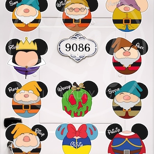 May include: A selection of Disney-themed door decorations, including Snow White, the Seven Dwarfs, and the Evil Queen. Each design is a colourful cartoon illustration with a Mickey Mouse ear silhouette. Some include personalised names.